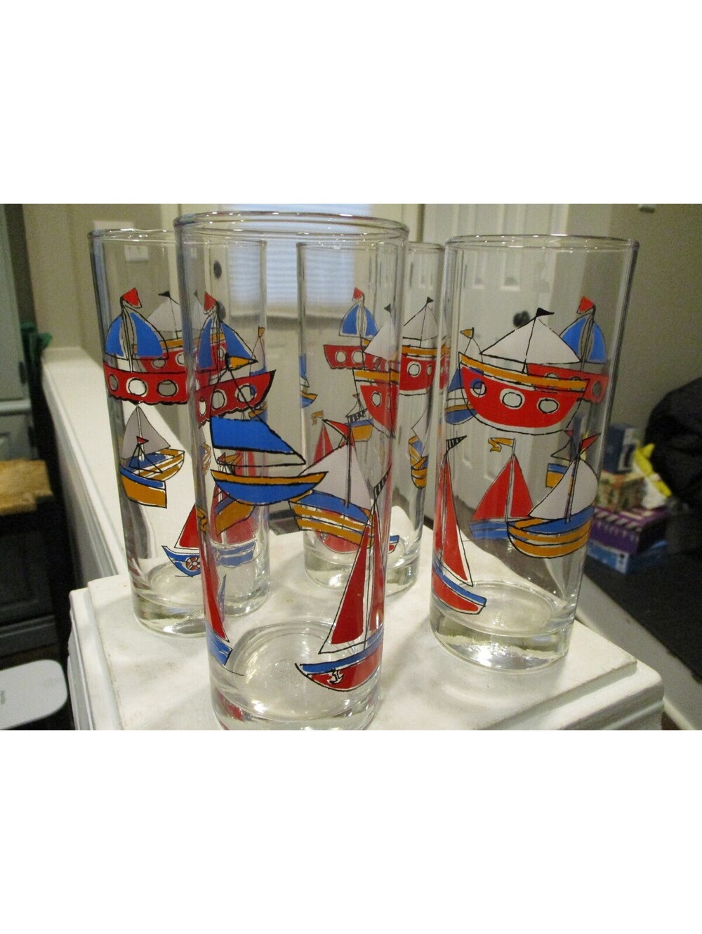 Vintage Sailboat Pattern Highball Glasses Nautical Clear Tumblers Set of 4